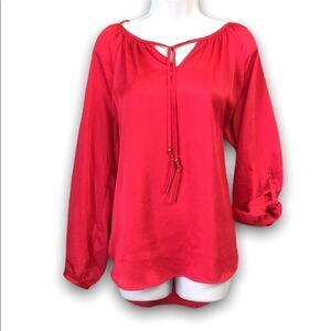 Satin Hot Flamingo Pink Peasant Blouse Bishop Sleeves V Neck Size Large